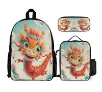 WECECE Set Zaini Dragon Ragazze con Sacchetto per Pranzo e Astuccio, Borsa Scuola Animal Studenti Classe 3-5 per Attività Quotidiane, Spallacci Regolabili e Tasche Laterali