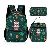 WECECE Set Zaini Father Christmas Bambini con Sacchetto Pranzo e Astuccio, Borsa Scolastica Christmas Theme Ragazza 6-13 Anni, Regalo per Studenti