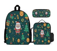 WECECE Set Zaini Father Christmas Ragazzo con Portapranzo e Astuccio, Borsa Scolastica Christmas Theme Studenti 6-12 Anni per Forniture Scolastiche, Capiente per Libri Quaderni e Accessori
