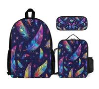 WECECE Set Zaini Feather Print Bambina per Elementare con Portapranzo e Astuccio, Zainetto Colourful Ragazzo 7-11 Anni per Escursioni e Studio, Spallacci Regolabili e Tasche Laterali