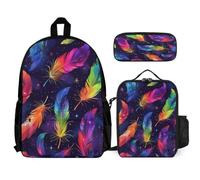 WECECE Set Zaini Feather Print Ragazza con Borsa Termica e Astuccio, Zaino Scuola Colourful Bambini 8-13 Anni per Uso Giornaliero