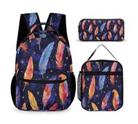 WECECE Set Zaini Feather Print Ragazze 7-13 Anni con Sacchetto Pranzo e Astuccio, Borsa Scolastica Colourful Bambino per Viaggio Tempo Libero, Spallacci Regolabili e Tasche Laterali