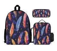 WECECE Set Zaini Feather Print Studenti con Borsa Termica e Astuccio, Borsa Scuola Colourful Ragazza 6-12 Anni per Forniture Scolastiche