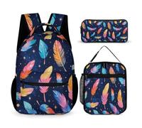 WECECE Set Zaini Feather Print Studenti con Borsa Termica e Astuccio per Matite, Zaino Colourful Bambino 7-12 Anni per Scuola e Attività Quotidiane