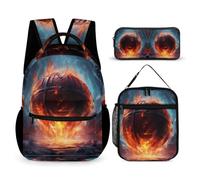 WECECE Set Zaini Flame Basketball Ragazzo con Borsa Termica e Astuccio Matite, Zaino Scuola Basketball Bambina 6-11 Anni per Viaggio e Uso Quotidiano, Tasche Laterali Porta Bottiglia