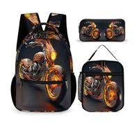 WECECE Set Zaini Flame Motorbike Studenti con Borsa Termica e Astuccio, Borsa Scuola Cool Motorcycle Bambino 8-13 Anni per Primaria e Tempo Libero