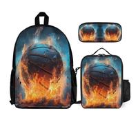 WECECE Set Zaini Flames Basketball Ragazzo 7-12 Anni con Portapranzo e Astuccio, Borsa Scuola Basketball Bambina per Scuola Primaria e Tempo Libero