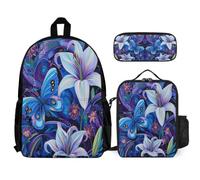 WECECE Set Zaini Flower Studenti con Borsa Termica e Astuccio, Borsa Scuola Botanical Print Ragazza 6-12 Anni per Forniture Scolastiche