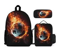 WECECE Set Zaini Football Ragazzo con Portapranzo e Astuccio, Borsa Scolastica Flame Soccer Studenti 6-12 Anni per Forniture Scolastiche, Capiente per Libri Quaderni e Accessori