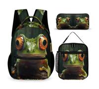 WECECE Set Zaini Frog Bambina 3 Pezzi con Borsa Termica e Astuccio, Borsa Scuola Ugly Ragazzo 6-10 Anni per Back to School