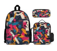 WECECE Set Zaini Graffiti Ragazza con Sacchetto Pranzo e Astuccio Matite, Zaino Scuola Memphis Style Bambini 8-13 Anni per Lezioni e Attività