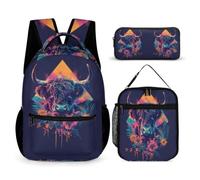 WECECE Set Zaini Highland Cow Bambini con Sacchetto per Pranzo e Astuccio, Borsa Scuola Animal Bull Print Ragazza 7-12 Anni per Primaria e Rientro a Scuola