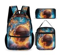 WECECE Set Zaini Ice and Fire Basketball Bambini con Sacchetto Pranzo e Astuccio, Borsa Scolastica Basketball Ragazza 6-13 Anni, Regalo per Studenti