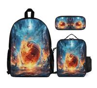 WECECE Set Zaini Ice and Fire Basketball Bambino con Sacchetto per Pranzo e Astuccio, Borsa Scuola Basketball Studenti Classe 3-5 per Tempo Libero