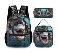 WECECE Set Zaini Killer Whale Ragazzi con Portapranzo e Astuccio Matite, Borsa Scuola 3D Theme Ragazzo 6-11 Anni per Forniture Scolastiche e Viaggio