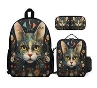 WECECE Set Zaini Kitten Bambina con Portapranzo e Astuccio Matite, Zainetto Cat Ragazzi 7-14 Anni per Rientro a Scuola, Capiente per Libri Quaderni e Accessori Scolastici