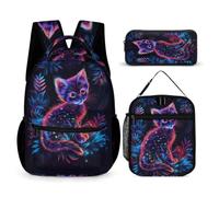 WECECE Set Zaini Kitten Bambina per Scuola Elementare con Portapranzo e Astuccio, Zaino Scuola Animal Cat Bambino 6-12 Anni per Uso Quotidiano e Viaggio