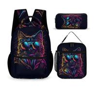 WECECE Set Zaini Kitten Ragazzo con Borsa Termica e Astuccio Matite, Zaino Scuola Cat Bambina 6-11 Anni per Viaggio e Uso Quotidiano, Tasche Laterali Porta Bottiglia