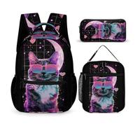 WECECE Set Zaini Kitten Studenti con Sacchetto Pranzo e Astuccio, Borsa Scuola Cat Ragazza 8-15 Anni, Regalo per il Ritorno a Scuola, Tasche Laterali Porta Bottiglia