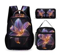 WECECE Set Zaini Lilies Bambini con Portapranzo e Astuccio Matite, Borsa Scolastica Flower Ragazze 6-10 Anni per Elementare Tempo Libero, Grande Capacità e Chiusura Zip