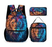 WECECE Set Zaini Lion Ragazzi con Portapranzo e Astuccio Matite, Borsa Scuola Animal King Ragazzo 6-11 Anni per Forniture Scolastiche e Viaggio