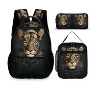 WECECE Set Zaini Lion Studenti con Borsa Termica e Astuccio per Matite, Zaino Animal King Bambino 7-12 Anni per Scuola e Attività Quotidiane