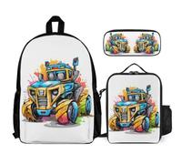 WECECE Set Zaini Mechanical Engineering Vehicle Ragazza con Borsa Termica e Astuccio, Zaino Scuola Tractor Bambini 8-13 Anni per Uso Giornaliero