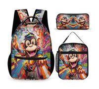 WECECE Set Zaini Monkey Bambina per Scuola Elementare con Portapranzo e Astuccio, Zaino Scuola Animal Print Bambino 6-12 Anni per Uso Quotidiano e Viaggio