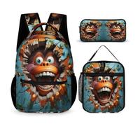 WECECE Set Zaini Orangutan Print Ragazze 7-13 Anni con Sacchetto Pranzo e Astuccio, Borsa Scolastica 3D Animal Cracker Bambino per Viaggio Tempo Libero, Spallacci Regolabili e Tasche Laterali