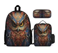WECECE Set Zaini Owl Ragazzi 3 Pezzi con Portapranzo e Astuccio, Zaino Scuola Bird Theme Ragazza per Elementare 7-13 Anni, Capiente per Uso Quotidiano
