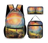 WECECE Set Zaini Rainbow Bambina 3 Pezzi con Borsa Termica e Astuccio, Borsa Scuola Colourful Landscape Ragazzo 6-10 Anni per Back to School