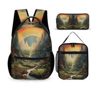 WECECE Set Zaini Rainbow Bambini con Portapranzo e Astuccio Matite, Borsa Scolastica Colourful Landscape Ragazze 6-10 Anni per Elementare Tempo Libero, Grande Capacità e Chiusura Zip