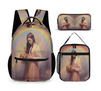 WECECE Set Zaini Rainbow Girl Bambina per Scuola Elementare con Portapranzo e Astuccio, Zaino Scuola Colourful Bambino 6-12 Anni per Uso Quotidiano e Viaggio