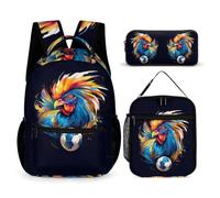 WECECE Set Zaini Rooster Ragazze 7-13 Anni con Sacchetto Pranzo e Astuccio, Borsa Scolastica French Gallic Chicken Bambino per Viaggio Tempo Libero, Spallacci Regolabili e Tasche Laterali
