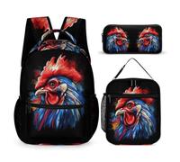 WECECE Set Zaini Rooster Studenti con Sacchetto Pranzo e Astuccio, Borsa Scuola French Gallic Chicken Ragazza 8-15 Anni, Regalo per il Ritorno a Scuola, Tasche Laterali Porta Bottiglia