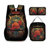 WECECE Set Zaini Rose Print Moonflower Ragazzo con Borsa Termica e Astuccio Matite, Zaino Scuola Plant Theme Bambina 6-11 Anni per Viaggio e Uso Quotidiano, Tasche Laterali Porta Bottiglia
