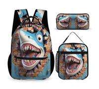 WECECE Set Zaini Shark Studenti con Borsa Termica e Astuccio, Borsa Scuola Shark 3D Theme Bambino 8-13 Anni per Primaria e Tempo Libero