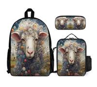 WECECE Set Zaini Sheep Bambino con Sacchetto per Pranzo e Astuccio, Borsa Scolastica Lamb Pattern Ragazza 7-13 Anni per Regalo