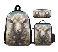 WECECE Set Zaini Sheep Bambino con Sacchetto per Pranzo e Astuccio, Borsa Scuola Lamb Studenti Classe 3-5 per Tempo Libero
