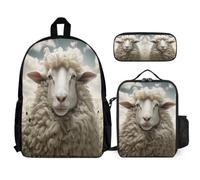 WECECE Set Zaini Sheep Ragazze per Scuola Primaria con Portapranzo e Astuccio, Zaino Lamb Print Bambino 7-11 Anni per Uso Quotidiano