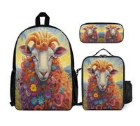 WECECE Set Zaini Sheep Ragazzo 7-12 Anni con Portapranzo e Astuccio, Borsa Scuola Lamb Animal Print Bambina per Scuola Primaria e Tempo Libero