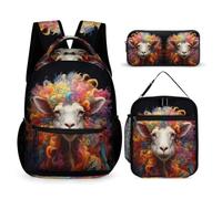 WECECE Set Zaini Sheep Studenti con Borsa Termica e Astuccio, Borsa Scuola Lamb Pattern Bambino 8-13 Anni per Primaria e Tempo Libero