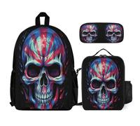 WECECE Set Zaini Skull Bambino con Portapranzo e Astuccio Matite, Zaino Scuola Skeleton Ragazze 7-14 Anni per Primaria e Tempo Libero