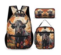 WECECE Set Zaini Spanish Bullfighting Studenti con Sacchetto Pranzo e Astuccio, Borsa Scuola Bull Ragazza 8-15 Anni, Regalo per il Ritorno a Scuola, Tasche Laterali Porta Bottiglia
