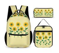 WECECE Set Zaini Sunflower Bambini con Portapranzo e Astuccio Matite, Borsa Scolastica Flower Ragazze 6-10 Anni per Elementare Tempo Libero, Grande Capacità e Chiusura Zip