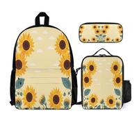 WECECE Set Zaini Sunflower Ragazze 3 Pezzi con Borsa Termica e Astuccio, Zainetto Flower Bambino 7-14 Anni per Back to School