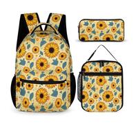 WECECE Set Zaini Sunflower Ragazzi con Portapranzo e Astuccio Matite, Borsa Scuola Flower Ragazzo 6-11 Anni per Forniture Scolastiche e Viaggio