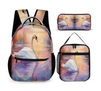 WECECE Set Zaini Swan Studenti con Sacchetto Pranzo e Astuccio, Borsa Scuola White Swan Ragazza 8-15 Anni, Regalo per il Ritorno a Scuola, Tasche Laterali Porta Bottiglia