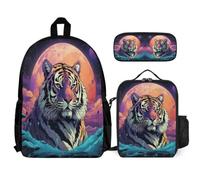 WECECE Set Zaini Tiger Ragazze 3 Pezzi con Borsa Termica e Astuccio, Zainetto Animal Tiger Bambino 7-14 Anni per Back to School