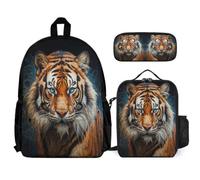 WECECE Set Zaini Tiger Ragazzi 3 Pezzi con Portapranzo e Astuccio, Zaino Scuola Animal Theme Ragazza per Elementare 7-13 Anni, Capiente per Uso Quotidiano